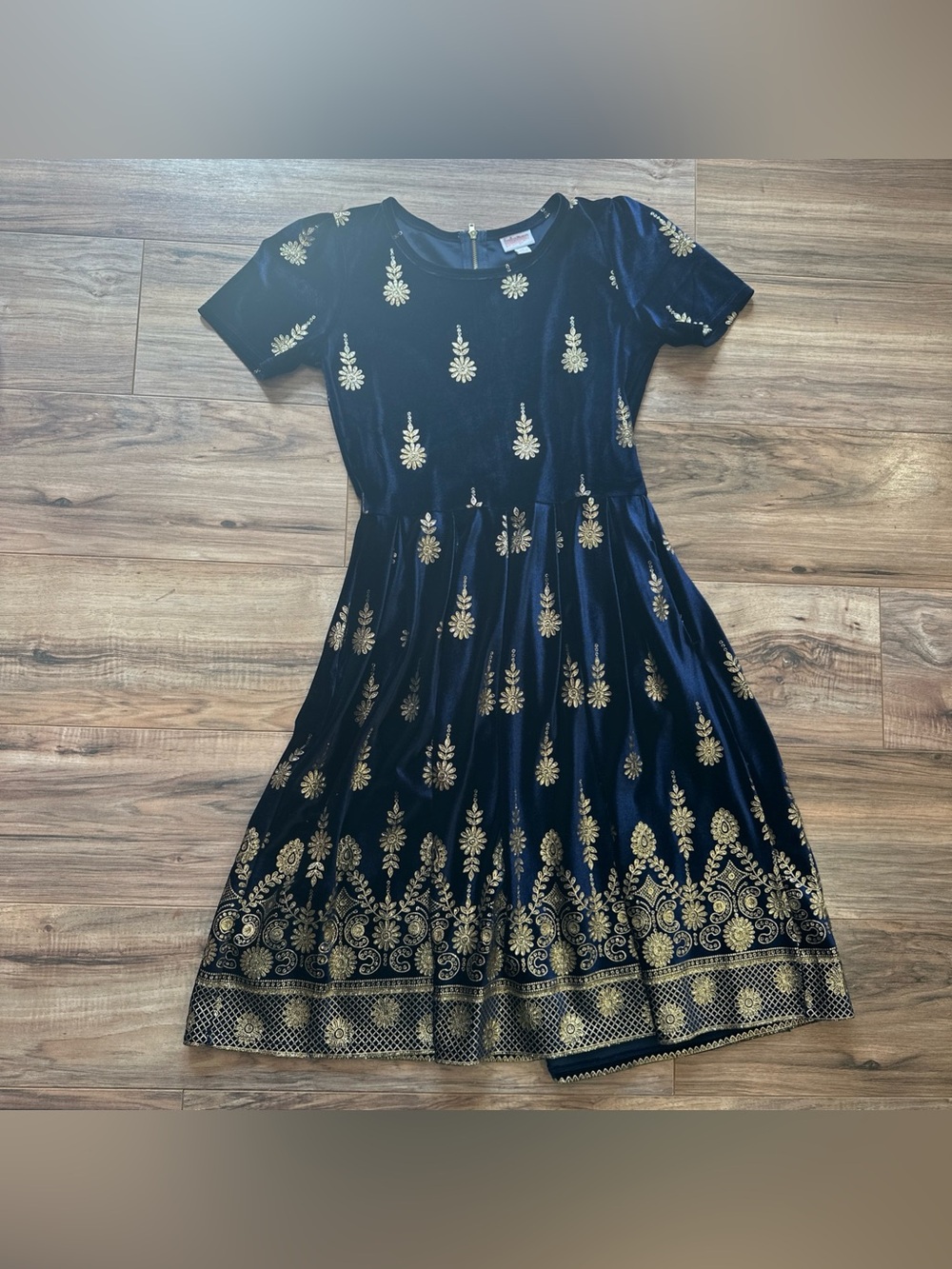 LuLaRoe Elegant Womens Amelia Blue Velvet Gold Foil Floral Dress Pocket Medium
